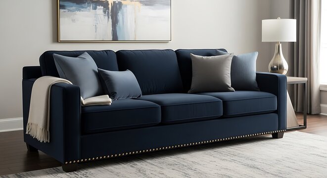 A contemporary Lawson-style sofa with clean lines and track arms, upholstered in a dark navy blue velvet, with brass pinhead accents on the low-profile base.