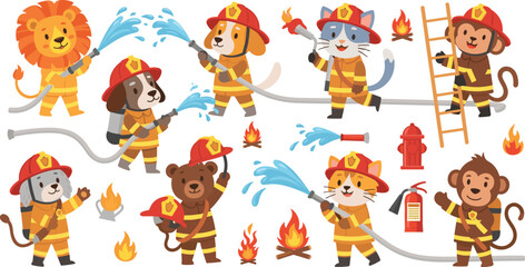 Cute Animal Firefighter Cartoon Character Set Featuring Lion Dog Cat Bear and Monkey Fire Rescue Heroes with Hose Ladder Flames and Safety Equipment © Firoz
