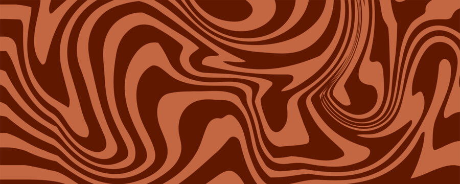 Retro coffee color background. Milk chocolate liquid dessert texture. Wavy swirl candy pattern for poster, cover, banner, pamphlet. Vintage brown trippy hippie wallpaper in 60s or 70s style. Vector