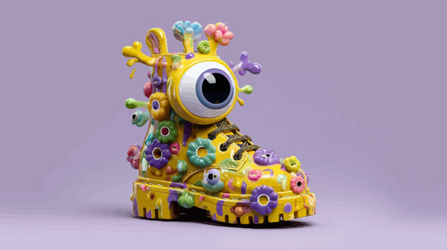 A vibrant, surreal boot sculpture featuring a large eye and adorned with colorful, organic, floral elements