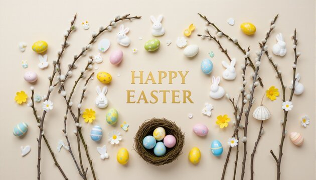 Willow branches and decorations, easter eggs on a light background. Happy easter flat lay concept
