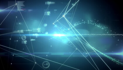 Obraz premium Glowing blue digital network with flowing data particles and connecting lines