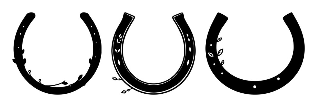 Horseshoe set with minimalist line art featuring leafy sprigs, small dots, black outlines with white background and monochrome palette