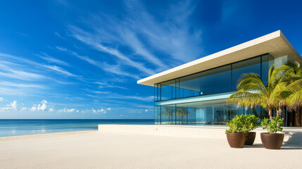 Fototapeta premium Modern glass house, sandy beach, blue sky, palm tree, ocean view, luxury, serene