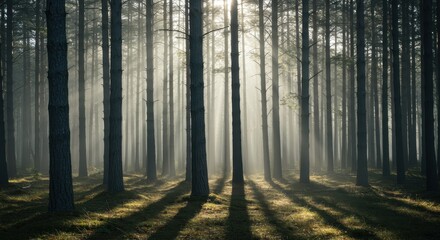 Obraz premium Tall, dense trees create dramatic shadows across a misty forest floor illuminated by bright sunlight.