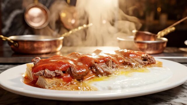 Traditional Iskender kebab with tender beef, tomato sauce, and yogurt being drizzled with melted butter. Authentic Turkish dish served in a restaurant. 