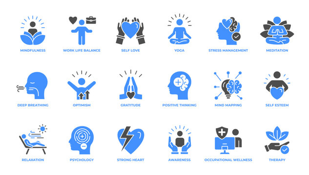 Mindfulness and Wellness Mental Health Icon Set Glyph Vector Illustration Editable