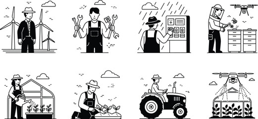Obraz premium modern agriculture technology and farmer activities set, smart farming with drone irrigation greenhouse wind energy tractor illustration, sustainable agriculture vector collection