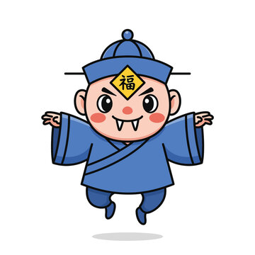A cartoon depiction of a Jiangshi, also known as a hopping vampire, with fangs and blue robes against a white background. It has a yellow amulet