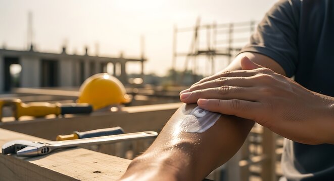 Construction worker applies sun protection cream to exposed arm at outdoor worksite
