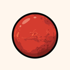 A cartoon depiction of a red planet with a black outline against a cream backdrop. It has highlights and shadows for an interesting texture