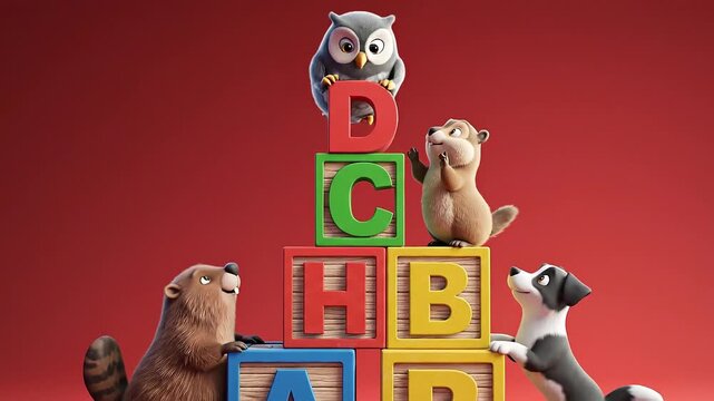 A heartwarming video of adorable animals playing with colorful alphabet blocks