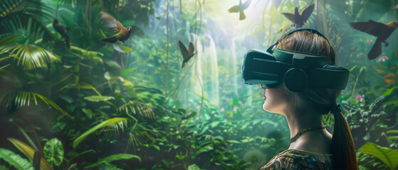 Obraz premium A woman wearing a VR headset is immersed in a lush virtual jungle environment. She sits in a chair surrounded by vibrant tropical plants, colorful birds, and a majestic waterfall