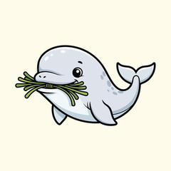 Obraz premium A cartoon depiction of a charming, smiling, light-gray cetacean, holding green vegetation in its mouth on an off-white background. The creature has black outline