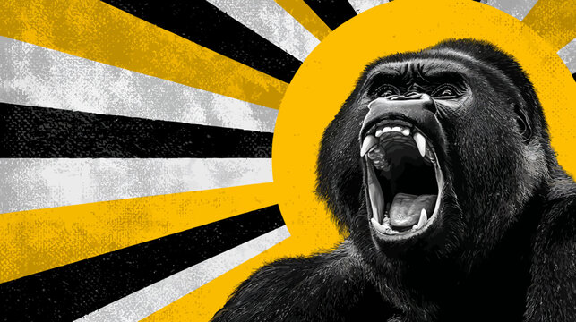A roaring primate with open mouth dominates the composition, set against a background of striped sun rays