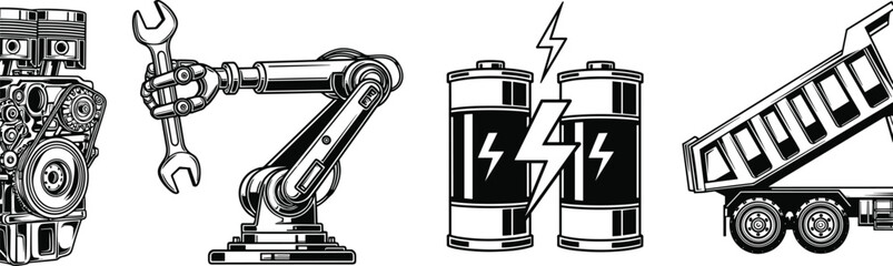 industrial machinery and energy icons set, robotic arm engine battery power and dump truck vector illustration, heavy industry technology collection © MstSalema
