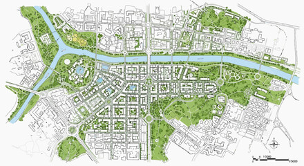 Fototapeta premium Detailed urban master plan showing city layout, river, green spaces, and street grid.