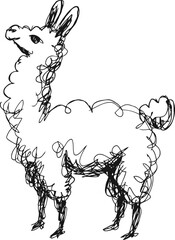 Fototapeta premium Scribble sketch of a llama with curly fur and upright ears