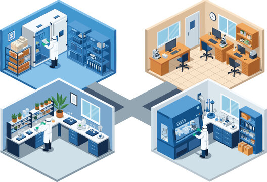 Isometric laboratory and office workspace set, scientific research lab interior with scientists, computers and equipment, modern workplace vector illustration collection