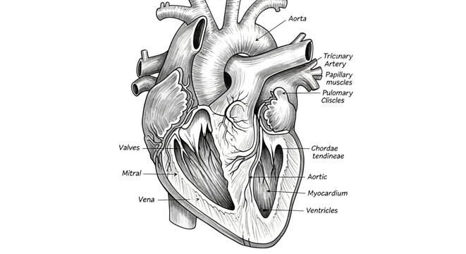 Detailed anatomical diagram of the human heart showing internal structures and major blood vessels.