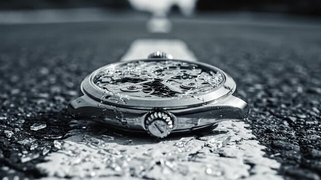 Shattered mechanical watch lies on a road marking with glass fragments scattered. This monochrome scene evokes a sense of lost time or an accident. Ideal for conceptual imagery about finality.