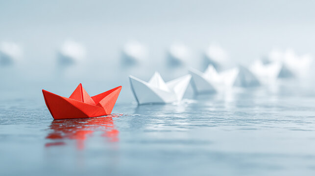 A red origami boat leads a group of white paper boats floating on calm water, symbolizing leadership and individuality.