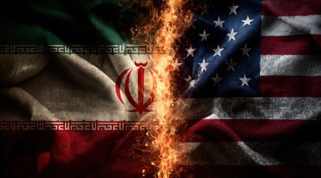 Flags of USA and Iran painted on background. United States of America versus Iran trade war disputes concept