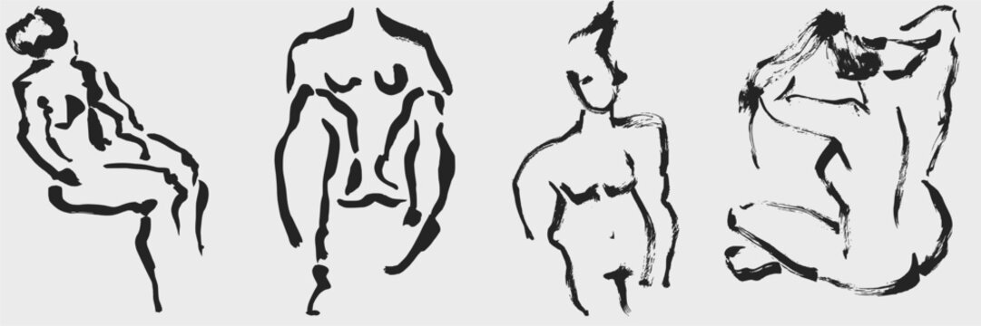 Sophisticated woman body forms and silhouette sketches in doodle charcoal style. Elegant line art for boutique interiors and aesthetic brand identity.