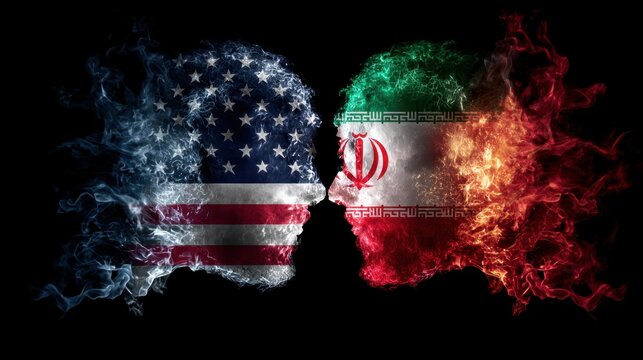Flags of USA and Iran painted on background. United States of America versus Iran trade war disputes concept