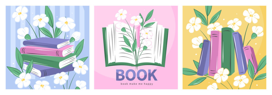 Different books and spring decor. Bright backgrounds for bookstore, library, bookshop, market. Vector illustration for banner, cover, marketing, sale. 