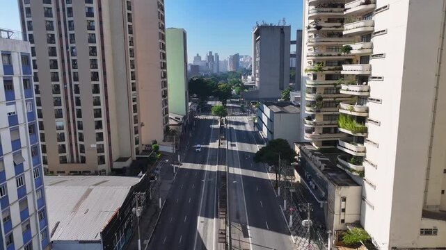 Rio Branco Avenue At Sao Paulo In Brazil. Landmark Avenue. Downtown District. Highrise Buildings. Rio Branco Avenue At Sao Paulo In Brazil. City Life Landscape. 