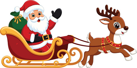 Fototapeta premium Santa Claus sleigh illustration, Christmas holiday cartoon, festive reindeer and gift sack graphics, seasonal celebration figure, red vector, white background