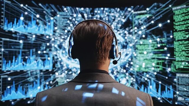A man in a suit wearing headphones talks on the phone while watching a futuristic data visualization video on a large screen