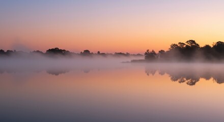 Obraz premium Serene water body reflects soft pastel hues of the sky over shrouded treeline at dawn