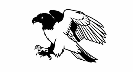 Fototapeta premium Black and white illustration of a bird of prey with wings spread