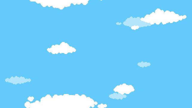 Pixel art clouds drifting vertically across a blue sky background. Seamless loop animation.