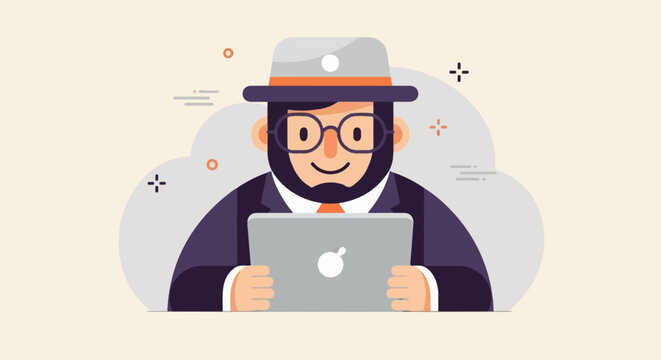 A stylized flat illustration of a bearded man in a hat and suit using a laptop