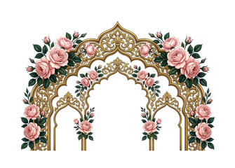 Obraz premium An ornate golden archway adorned with delicate pink roses and lush green foliage on transparent background high-quality