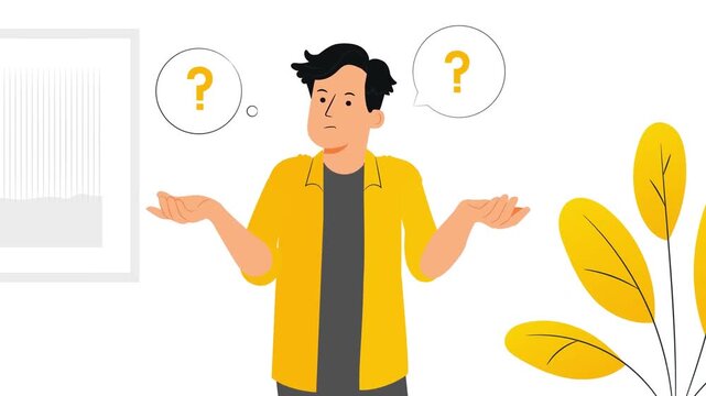 Confused young man with question marks animation, decision making 