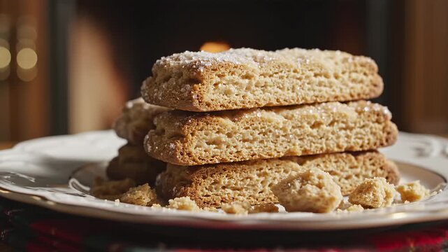 Stack of traditional shortbread cookies with sugar on a white plate. Festive homemade dessert served on a plaid napkin. Holiday sweets and cozy culinary concept background.