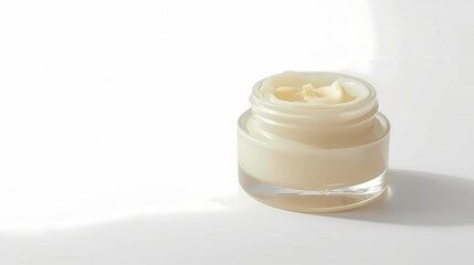 Side view open glass cosmetic jar filled with pastel yellow moisturizing cream on bright white studio background with left copyspace for skincare branding cosmetic packaging mockup beauty product