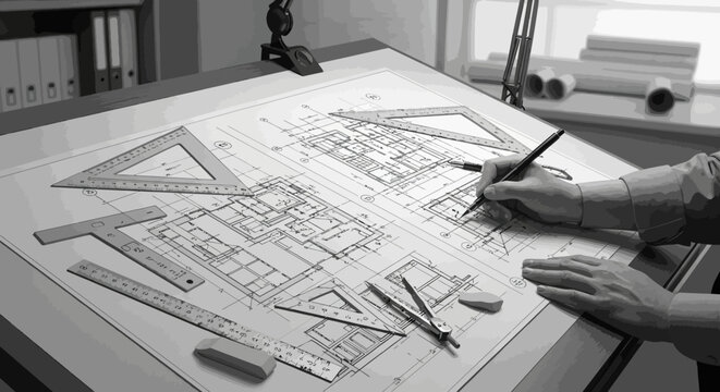 Architect's hands meticulously drawing blueprints on a drafting table with various technical tools.
