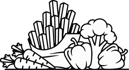 Fototapeta premium A stylized line drawing of French fries with carrots, bell pepper, and broccoli