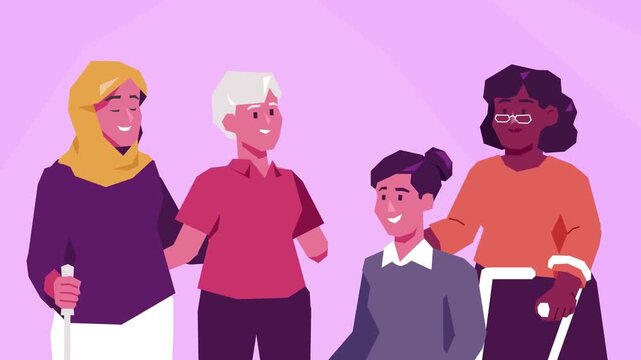 Diverse group of people standing together animation, social diversity 