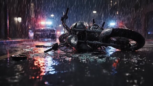A wrecked motorcycle lies on a wet asphalt road under heavy rain with police cars in the background. The scene conveys a dramatic and somber mood of a night crash. Ideal for news or safety ads.