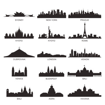 Silhouettes of famous city skylines from around the world are displayed
