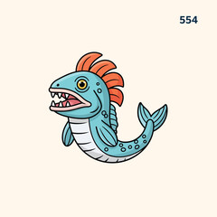 Fototapeta premium A cartoon depiction of a sea creature with a teal body, orange fin, and a wide-open mouth with many teeth. Set against a light background