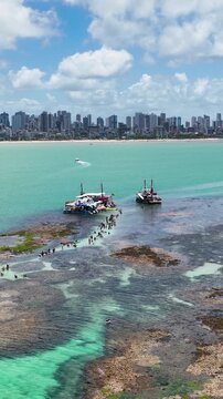 Natural Pools At Joao Pessoa Paraiba Brazil. Aerial View Of Stunning Beach With Crystal Clear Waters. Shore Horizon Beach Sea. Shore Seaside Panning Wide. Joao Pessoa Paraiba.