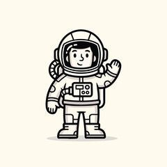Obraz premium A cartoon depiction of a friendly astronaut waving. The astronaut has a detailed helmet, a backpack, and spacesuit. The astronaut stands on a neutral background