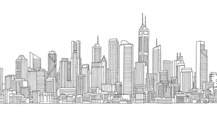 Fototapeta premium Detailed black and white line drawing of a modern city skyline with numerous skyscrapers and urban buildings.